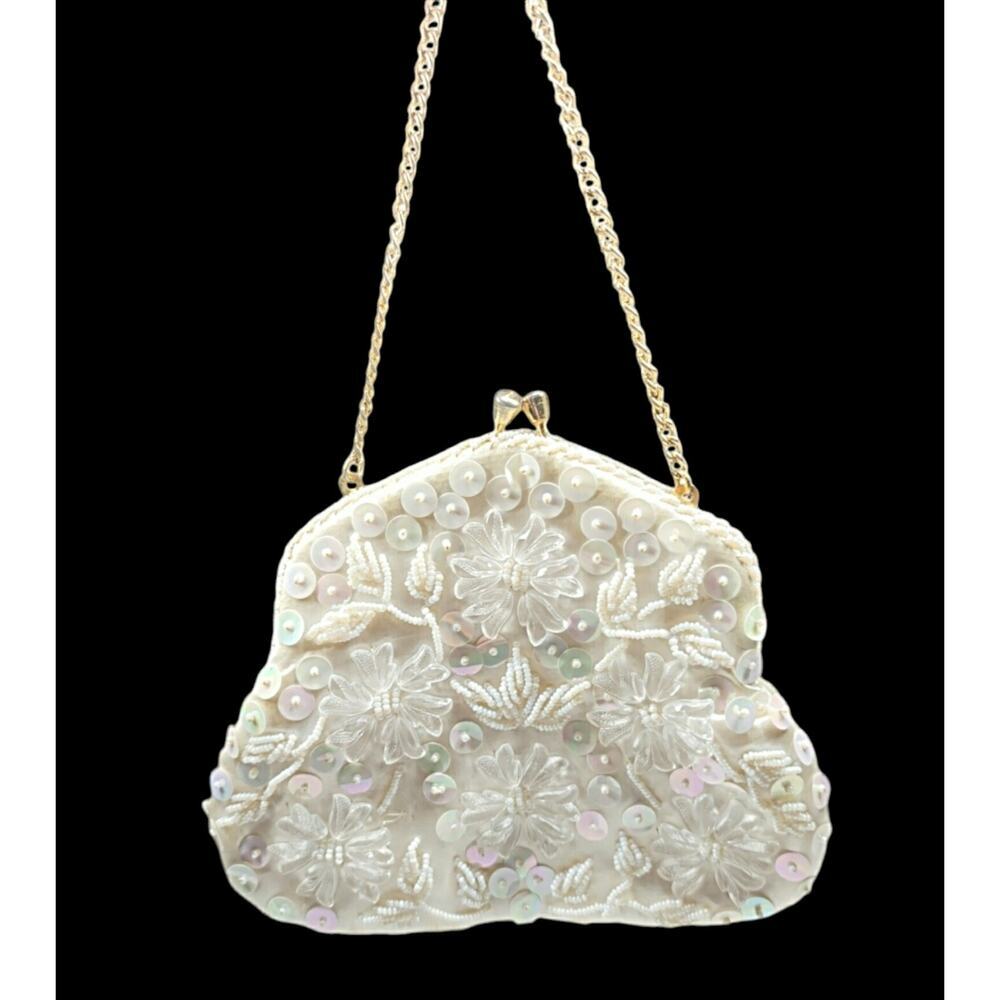 Beautiful Vintage Cream Colored Beaded Sequined Wedding or Evening Bag